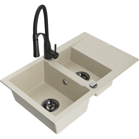 Mexen Gaspar granit sink 1.5-bowl with drainer and Aster kitchen faucet, beige - 6507-69-73450-70-B