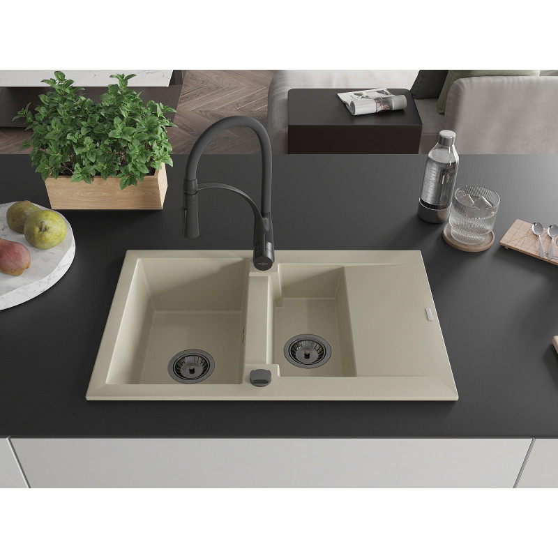 Mexen Gaspar évier en granit 1,5-bassins avec égouttoir et robinet de cuisine Aster, beige - 6507-69-73450-70-B