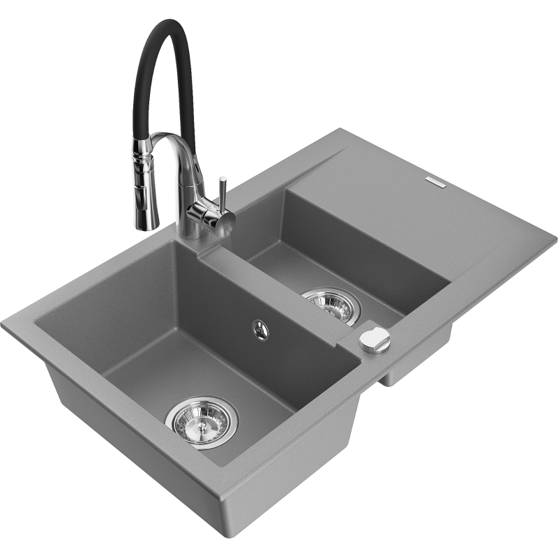 Mexen Gaspar granitdiskho 1,5-låg med avrinning och kökskran Aster, grå - 6507-71-73450-07