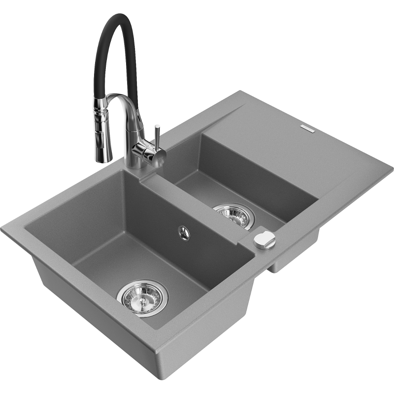 Mexen Gaspar Granitspüle 1,5-Becken mit Abtropffläche und Küchenarmatur Aster, grau - 6507-71-73450-07