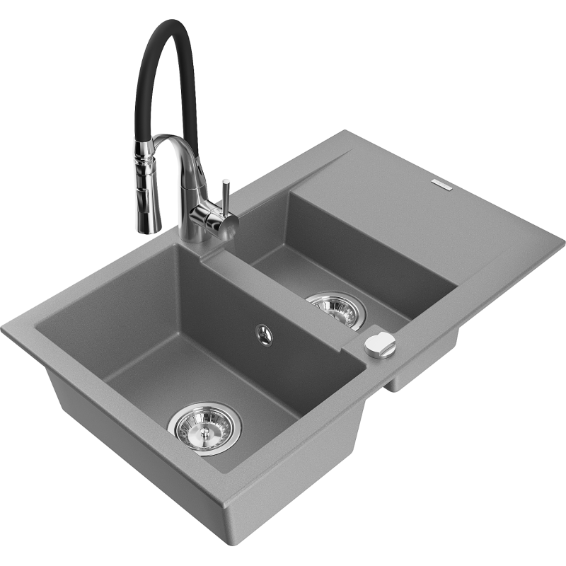 Mexen Gaspar lava-louça de granito 1,5 cubas com escorredor e torneira de cozinha Aster, cinza - 6507-71-73450-07