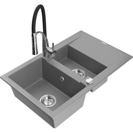 Mexen Gaspar granieten spoelbak 1,5-kamer met afdruiprek en keukenkraan Aster, grijs - 6507-71-73450-07
