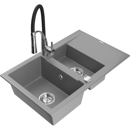 Mexen Gaspar granite sink 1.5-bowl with drainer and kitchen faucet Aster, gray - 6507-71-73450-07