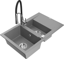 Mexen Gaspar granite sink 1.5-bowl with drainer and kitchen faucet Aster, gray - 6507-71-73450-07