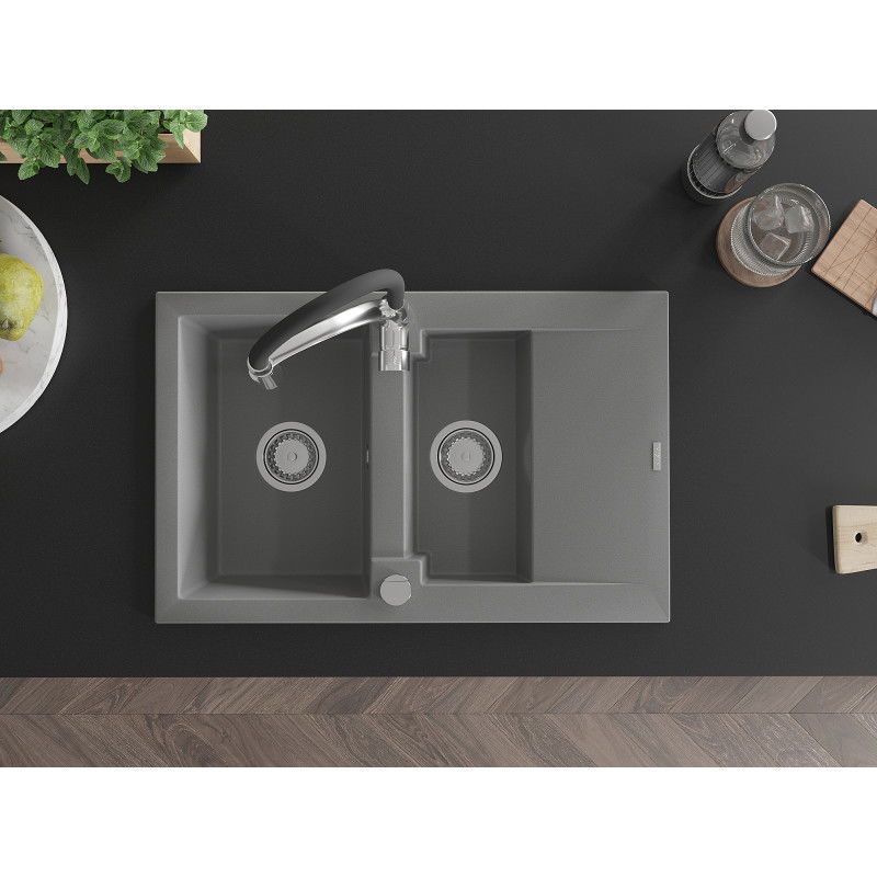 Mexen Gaspar granite sink 1.5-bowl with drainer and Aster kitchen tap, grey - 6507-71-73450-07
