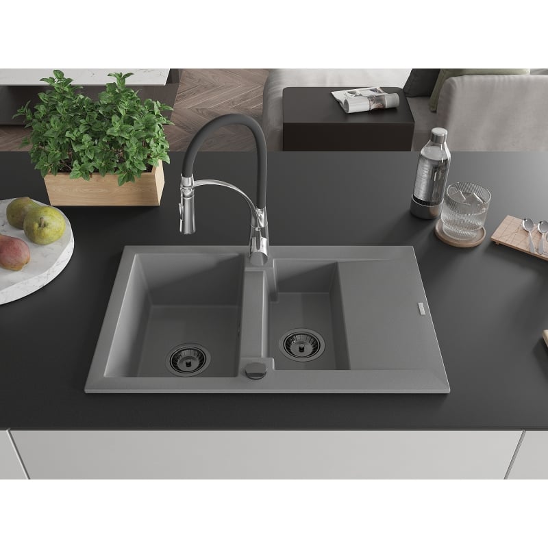 Mexen Gaspar granite sink 1.5-bowl with drainer and Aster kitchen faucet, gray - 6507-71-73450-07-B