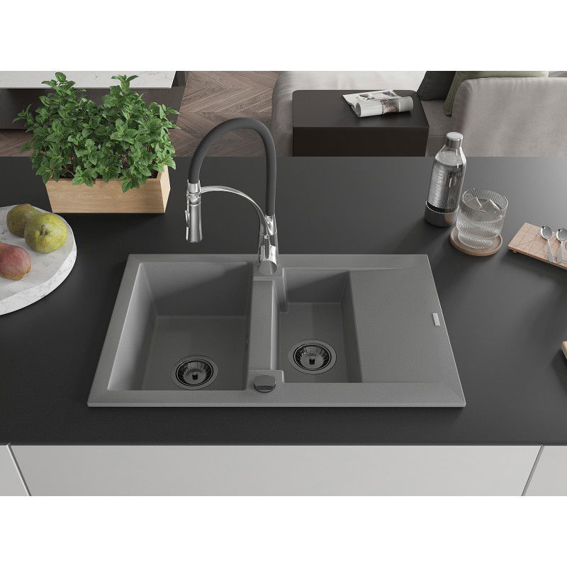 Mexen Gaspar granite sink 1.5-bowl with drainer and Aster kitchen tap, grey - 6507-71-73450-07-B