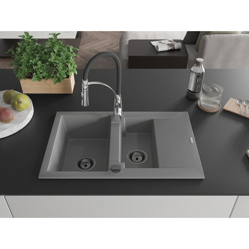 Mexen Gaspar Granitspüle 1,5-beckig mit Abtropffläche und Küchenarmatur Aster, grau - 6507-71-73450-07-B