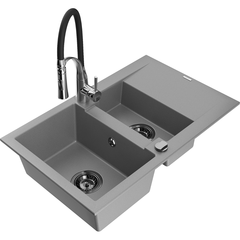 Mexen Gaspar fregadero de granito de 1,5 senos con escurridor y grifo de cocina Aster, gris - 6507-71-73450-07-B
