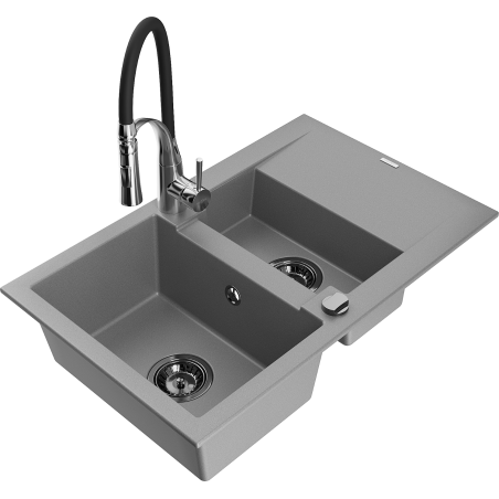 Mexen Gaspar granite sink 1.5-bowl with drainer and Aster kitchen faucet, gray - 6507-71-73450-07-B