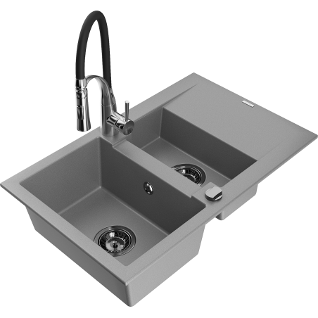 Mexen Gaspar Granitspüle 1,5-becken mit Abtropffläche und Küchenarmatur Aster, grau - 6507-71-73450-07-B