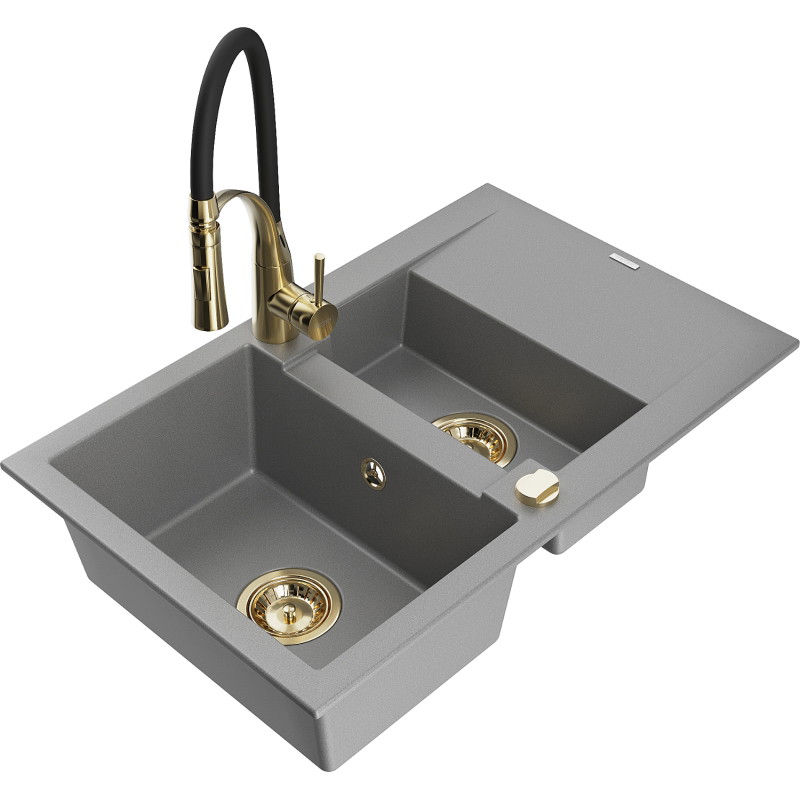 Mexen Gaspar Granitspüle 1,5-fach mit Abtropffläche und Küchenarmatur Aster, grau - 6507-71-73450-57-G