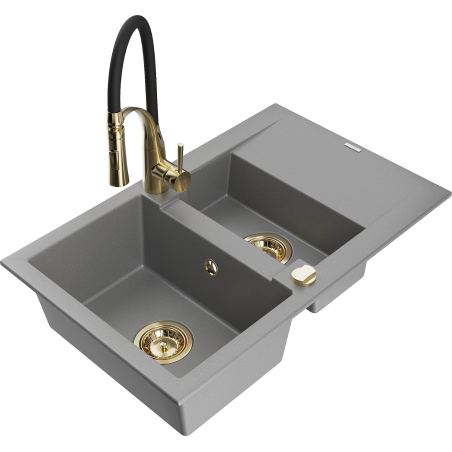 Mexen Gaspar 1.5-bowl granite sink with drainer and Aster kitchen faucet, gray - 6507-71-73450-57-G