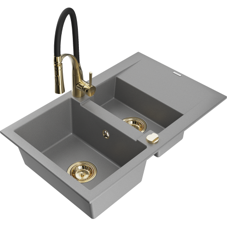 Mexen Gaspar évier en granit 1,5 bac avec égouttoir et robinet de cuisine Aster, gris - 6507-71-73450-57-G