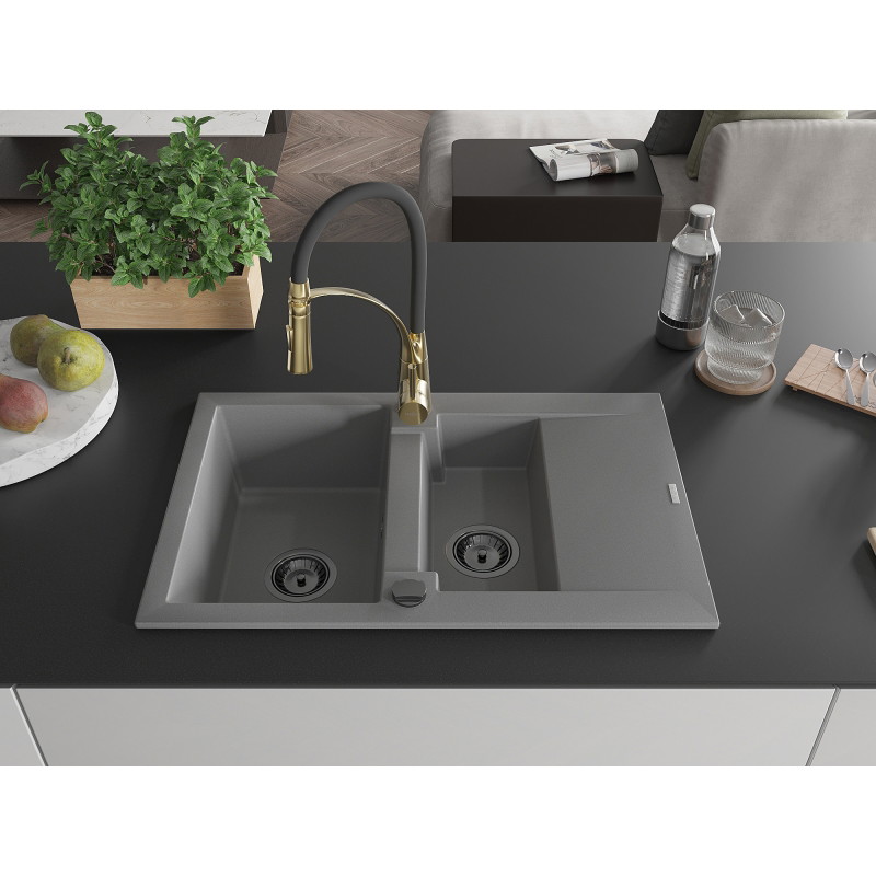 Mexen Gaspar granitische spoelbak 1,5-kamer met afdruiprek en keukenmengkraan Aster, grijs - 6507-71-73450-57-B