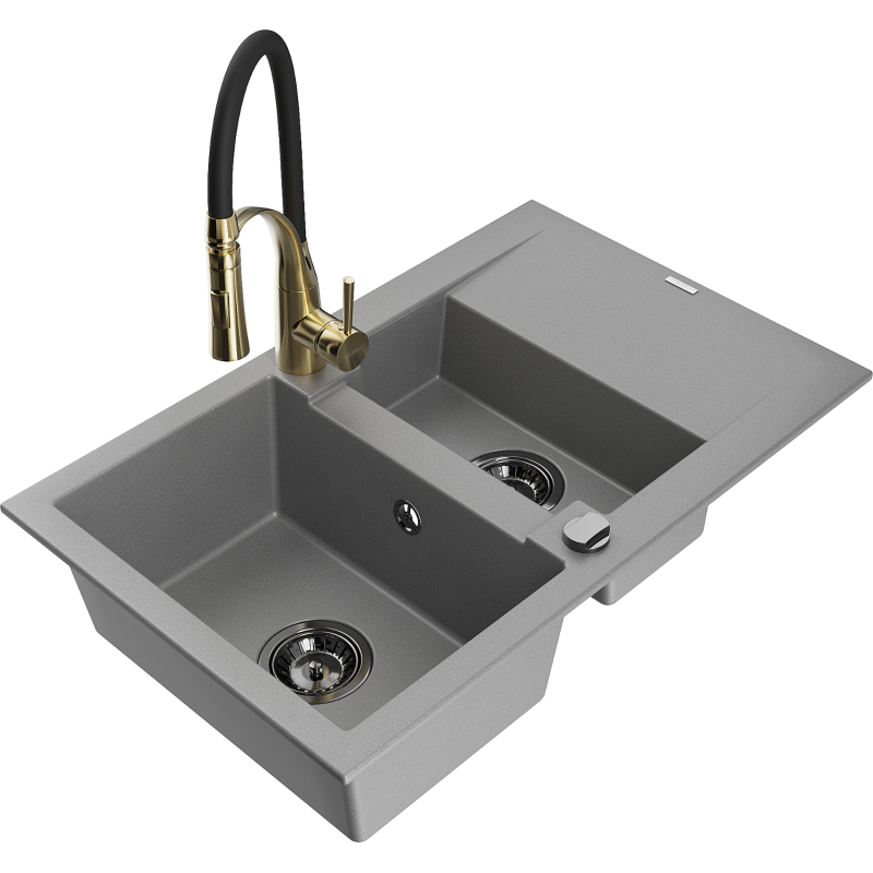 Mexen Gaspar fregadero de granito de 1,5 senos con escurridor y grifo de cocina Aster, gris - 6507-71-73450-57-B