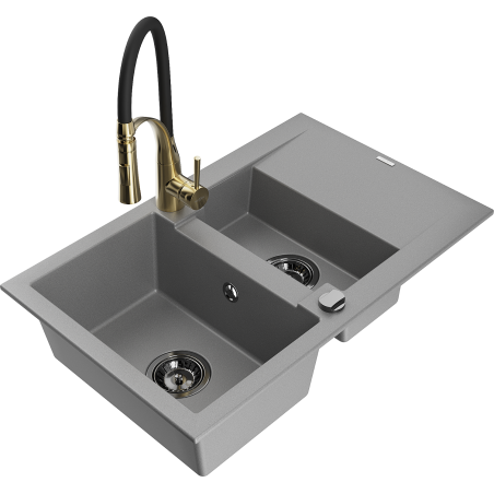 Mexen Gaspar granite sink 1.5-bowl with drainer and Aster kitchen tap, grey - 6507-71-73450-57-B