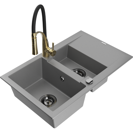 Mexen Gaspar Granitspüle 1,5-Becken mit Abtropffläche und Küchenarmatur Aster, grau - 6507-71-73450-57-B