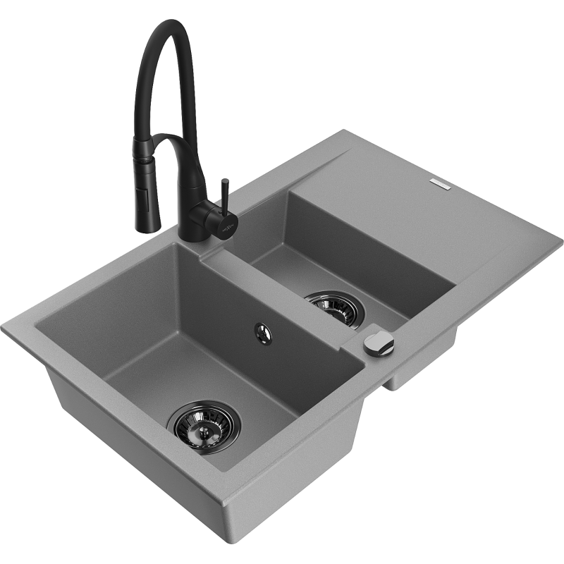 Mexen Gaspar fregadero de granito de 1,5 senos con escurridor y grifo de cocina Aster, gris - 6507-71-73450-70-B