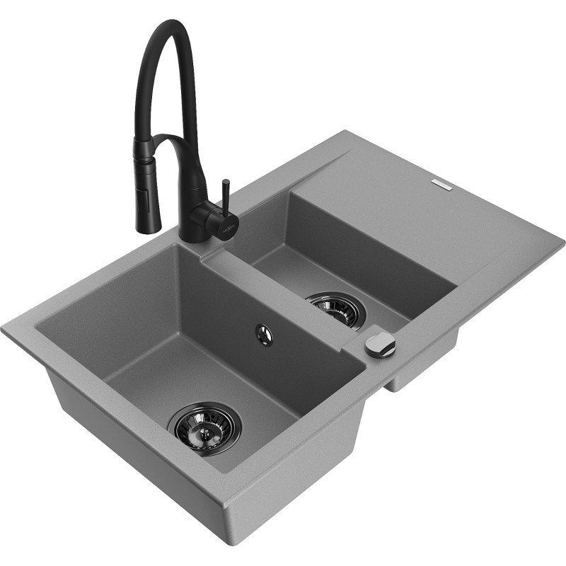 Mexen Gaspar granit gootsteen 1,5-komers met afdruiprek en keukenmengkraan Aster, grijs - 6507-71-73450-70-B