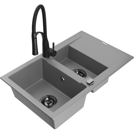 Mexen Gaspar lavello in granito da 1,5 vasche con sgocciolatoio e miscelatore da cucina Aster, grigio - 6507-71-73450-70-B