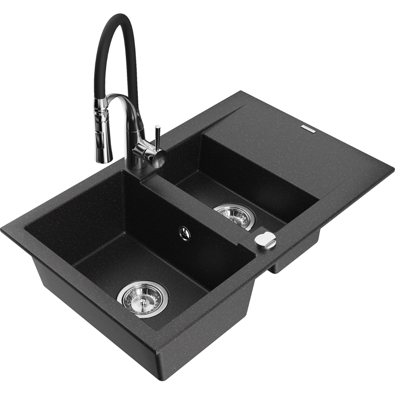 Mexen Gaspar granite sink with 1.5 bowls and drainer with Aster kitchen tap, black/silver metallic - 6507-73-73450-07