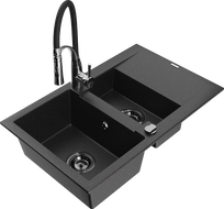 Mexen Gaspar granite kitchen sink 1.5-bowl with drainer and Aster kitchen faucet, black/silver - 6507-73-73450-07-B