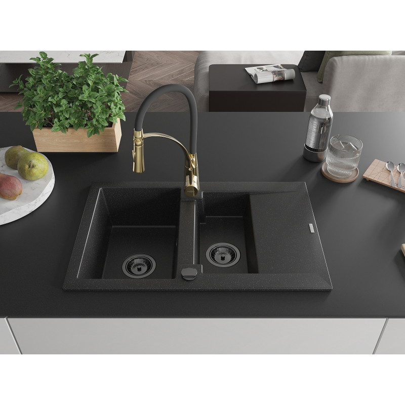 Mexen Gaspar Granitspüle 1,5-Becken mit Abtropffläche und Küchenarmatur Aster, schwarz/silber - 6507-73-73450-57-B