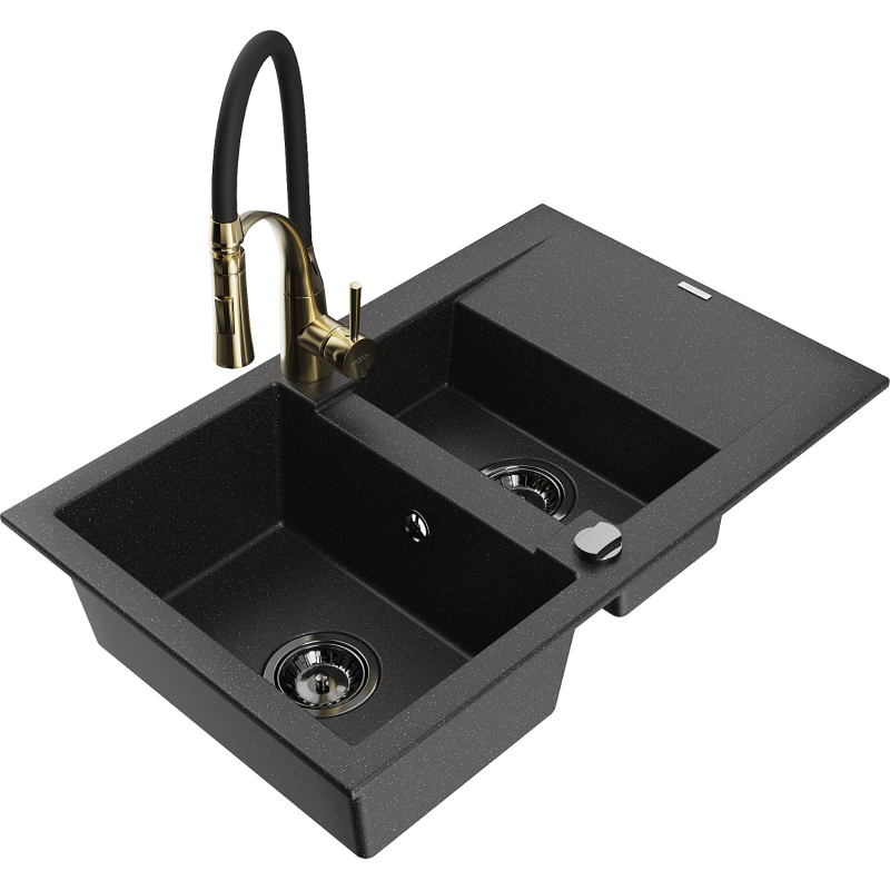 Mexen Gaspar 1.5-bowl granite sink with drainer and Aster kitchen tap, black/silver - 6507-73-73450-57-B