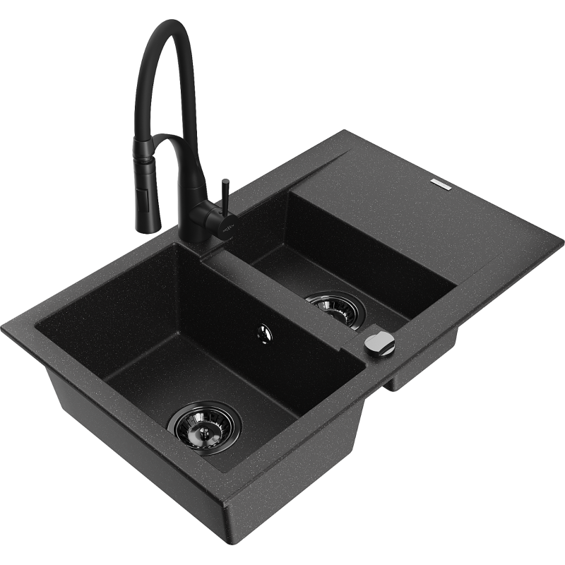 Mexen Gaspar fregadero de granito de 1,5 compartimentos con escurridor y grifo de cocina Aster, negro/plata - 6507-73-73450-70-B