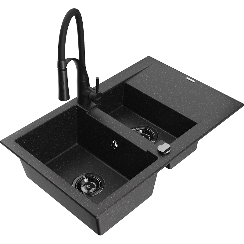 Mexen Gaspar granitdiskbänk 1,5-kammare med avrinningsyta och kökskran Aster, svart/silver - 6507-73-73450-70-B