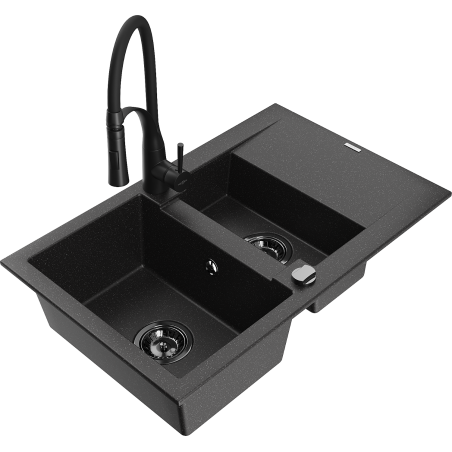 Mexen Gaspar fregadero de granito de 1,5 compartimentos con escurridor y grifo de cocina Aster, negro/plata - 6507-73-73450-70-B