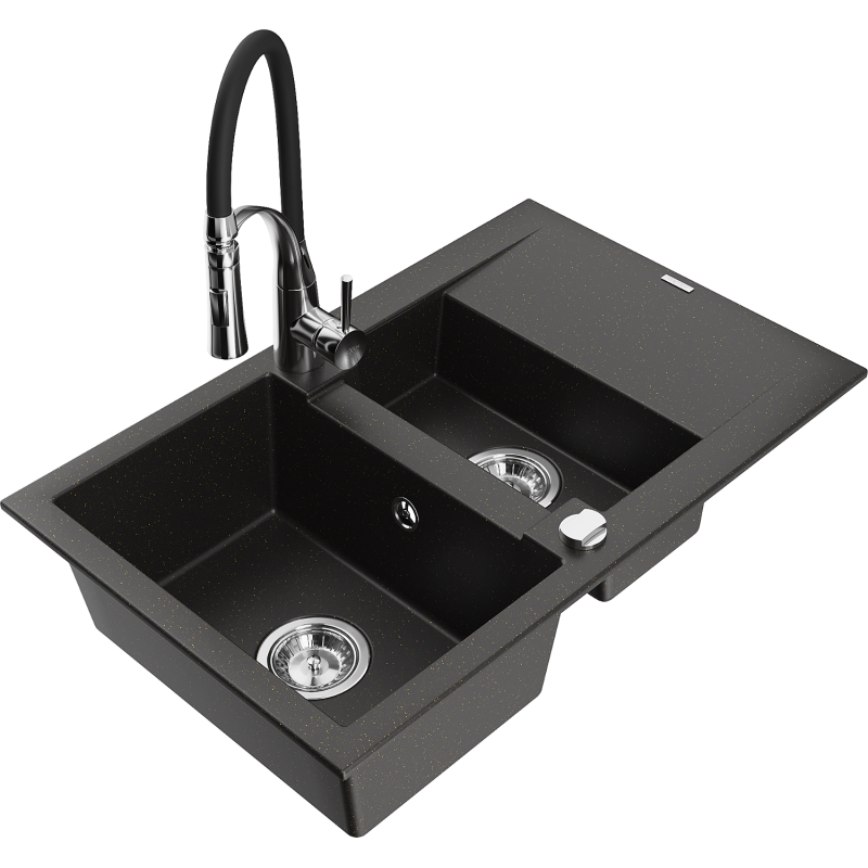 Mexen Gaspar granīta izlietne ar vienu un pusi kameru, pilienu tekni un virtuves jaucējkrānu Aster, melna/zeltīta metālika