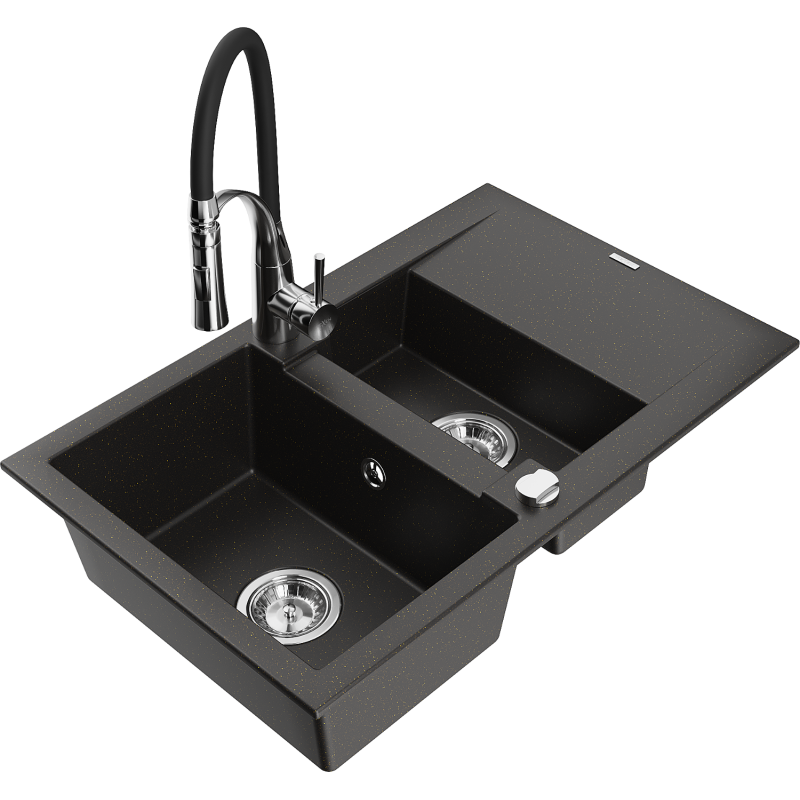 Mexen Gaspar lavatório de granito 1,5-cuba com escorredor e torneira de cozinha Aster, preto/dourado metálico