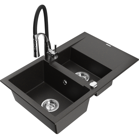 Mexen Gaspar fregadero de granito de 1,5 senos con escurridor y grifo de cocina Aster, negro/dorado metálico - 6507-75-73450-07
