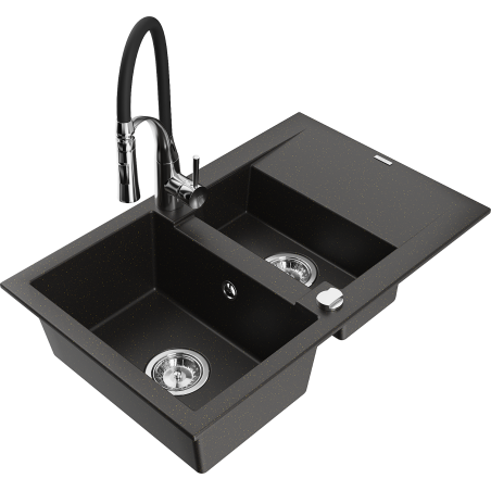 Mexen Gaspar Granitspüle 1,5 Becken mit Abtropffläche und Küchenarmatur Aster, Schwarz/Gold Metallic - 6507-75-73450-07