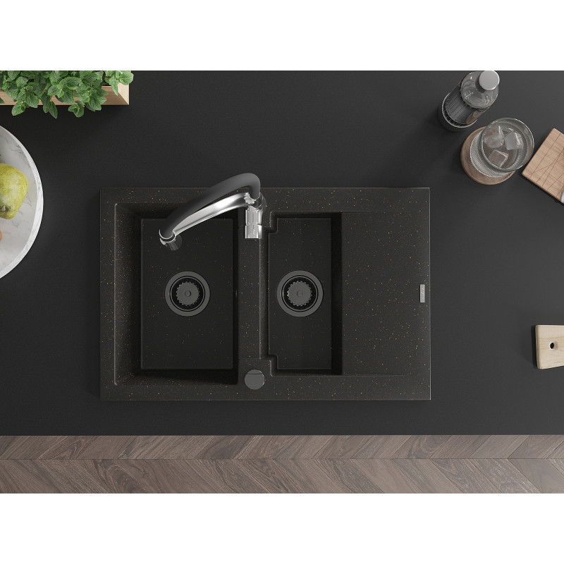 Mexen Gaspar granieten gootsteen 1,5-kamer met afdruiprek en keukenmengkraan Aster, zwart/goud metallic - 6507-75-73450-07-B