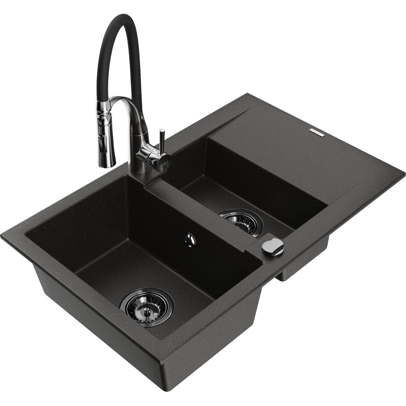 Mexen Gaspar granieten spoelbak 1,5-komorige met afdruiprek en keukenmengkraan Aster, zwart/goud metallic - 6507-75-73450-07-B