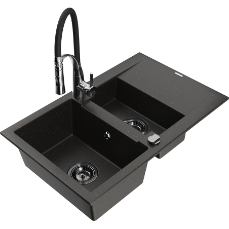 Mexen Gaspar granieten spoelbak 1,5-komorige met afdruiprek en keukenmengkraan Aster, zwart/goud metallic - 6507-75-73450-07-B