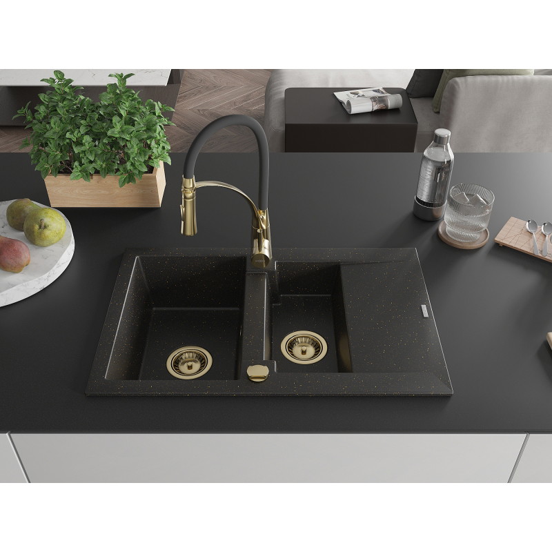 Mexen Gaspar granieten spoelbak 1,5-komorige met afdruiprek en keukenmengkraan Aster, zwart/goud metallic - 6507-75-73450-57-G