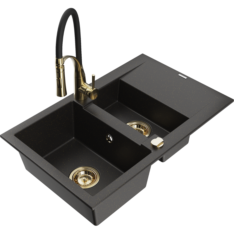 Mexen Gaspar fregadero de granito de 1,5 senos con escurridor y grifo de cocina Aster, negro/oro metálico - 6507-75-73450-57-G
