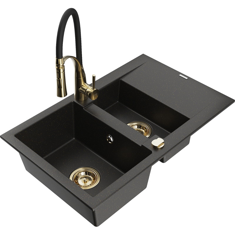 Mexen Gaspar granieten spoelbak 1,5-komorige met afdruiprek en keukenmengkraan Aster, zwart/goud metallic - 6507-75-73450-57-G