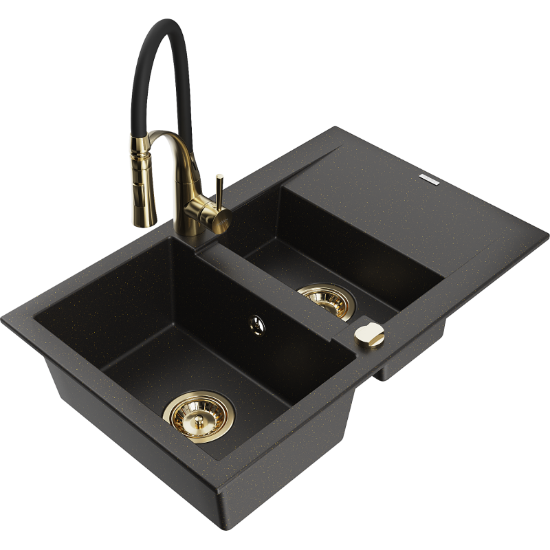 Mexen Gaspar lava-loiça de granito de 1,5 cubas com escorredor e torneira de cozinha Aster, preto/ouro metálico