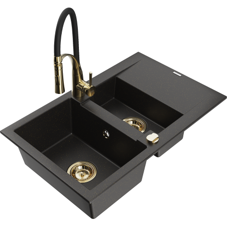 Mexen Gaspar granitais izlietne 1,5 nodalījumu ar notecētavu un virtuves krānu Aster, melns/zeltā metālika