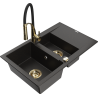 Mexen Gaspar fregadero de granito de 1,5 senos con escurridor y grifo de cocina Aster, negro/oro metálico - 6507-75-73450-57-G