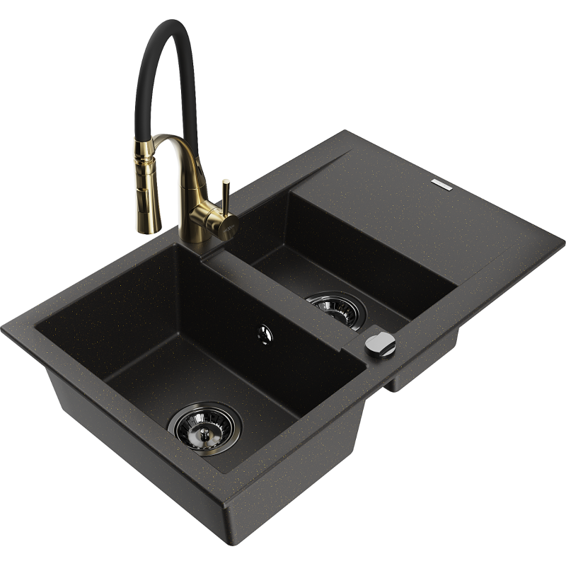 Mexen Gaspar fregadero de cocina de granito de 1,5 senos con escurridor y grifo Aster, negro/metalizado dorado