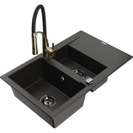 Mexen Gaspar fregadero de cocina de granito de 1,5 senos con escurridor y grifo Aster, negro/metalizado dorado