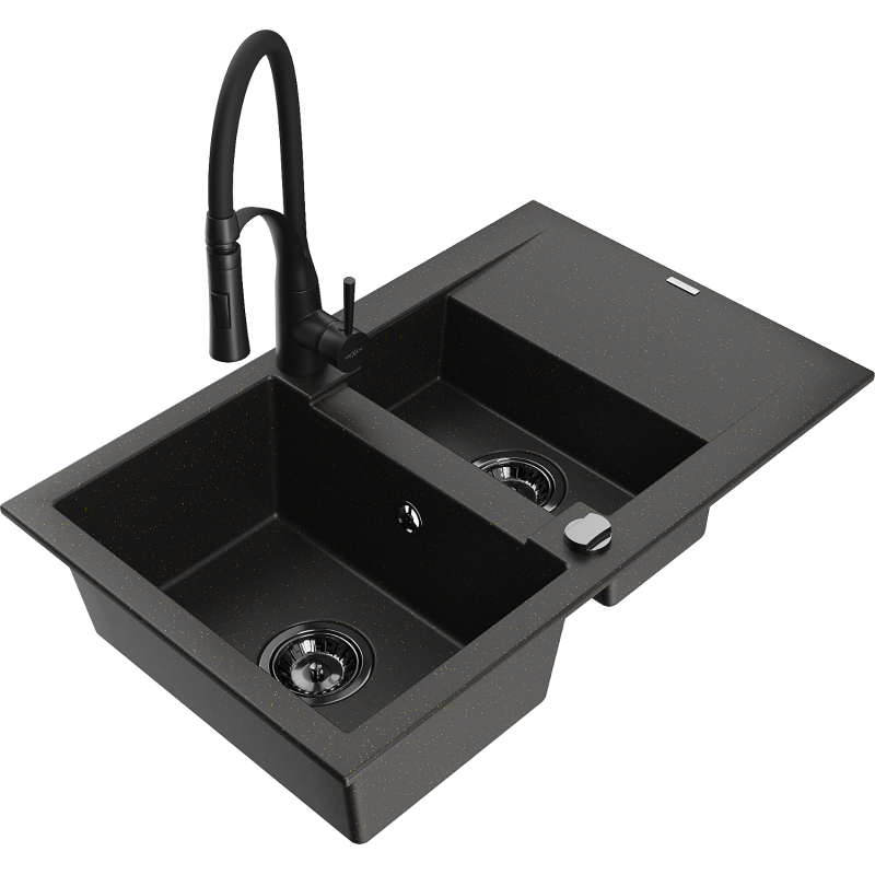 Mexen Gaspar fregadero de granito de 1,5 senos con escurridor y grifo de cocina Aster, negro/oro metálico - 6507-75-73450-70-B