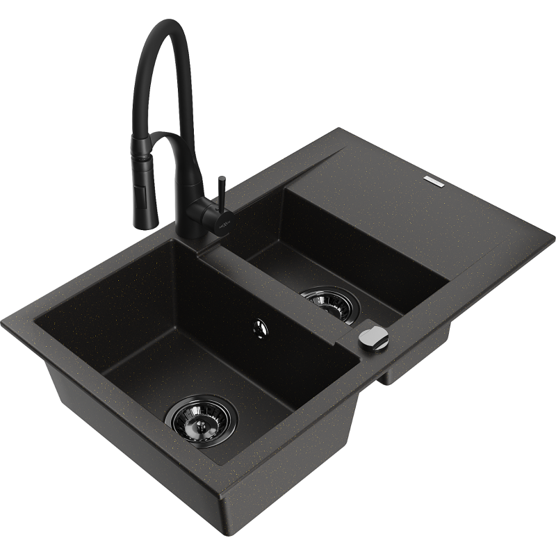 Mexen Gaspar lavello in granito 1,5 vasca con scolapiatti e rubinetto cucina Aster, nero/oro metallizzato - 6507-75-73450-70-B