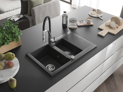 Mexen Gaspar Granitspüle 1,5-Becken mit Abtropffläche und Küchenarmatur Aster, schwarz gesprenkelt - 6507-76-73450-07